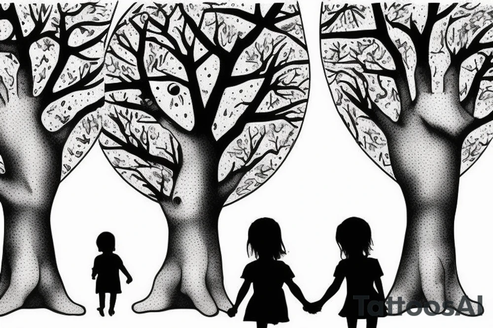 two siters 7 and 4 years old seen from behind holding hands starring at the moon through trees tattoo idea