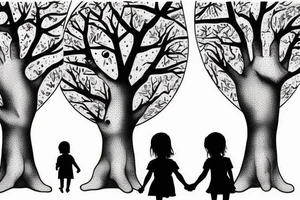 two siters 7 and 4 years old seen from behind holding hands starring at the moon through trees tattoo idea