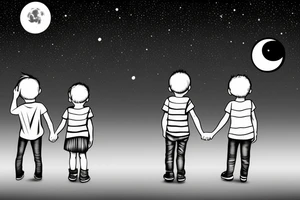 two siters 7 and 4 years old seen from behind holding hands starring at the moon through trees tattoo idea