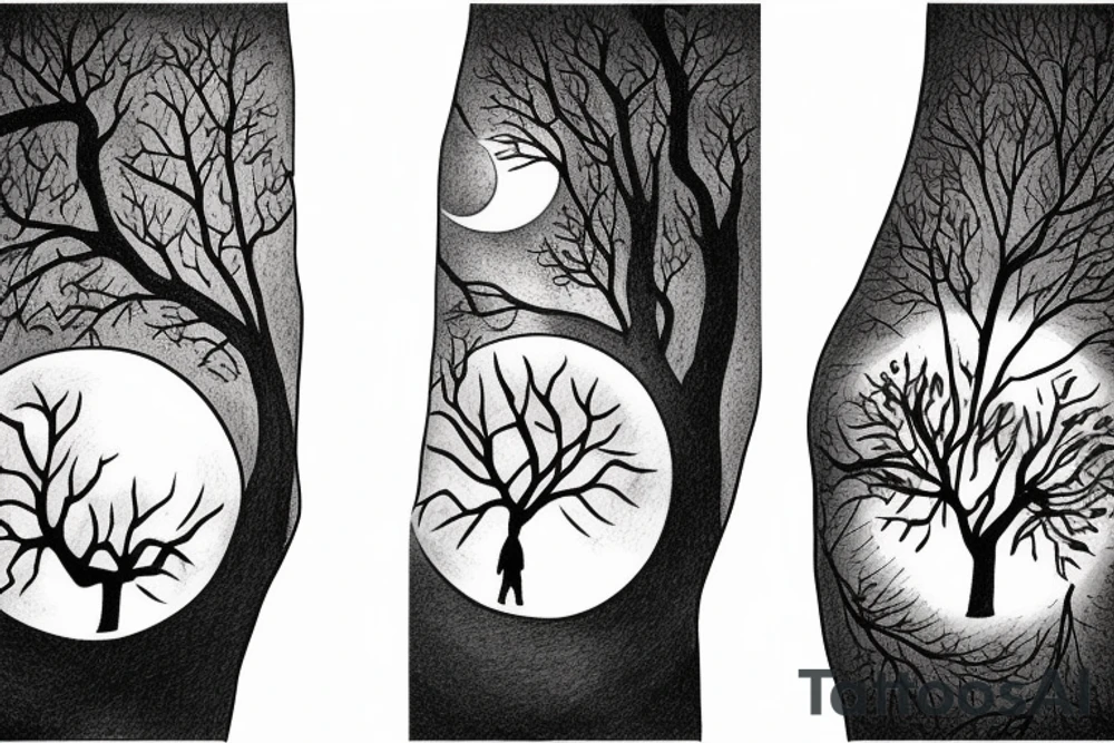 two siter old seen from behind holding hands starring at the moon through trees tattoo idea