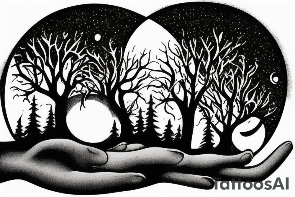 two siter old seen from behind holding hands starring at the moon through trees tattoo idea