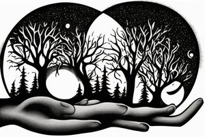 two siter old seen from behind holding hands starring at the moon through trees tattoo idea
