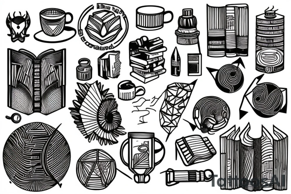 Books, coffee, coding, space tattoo idea