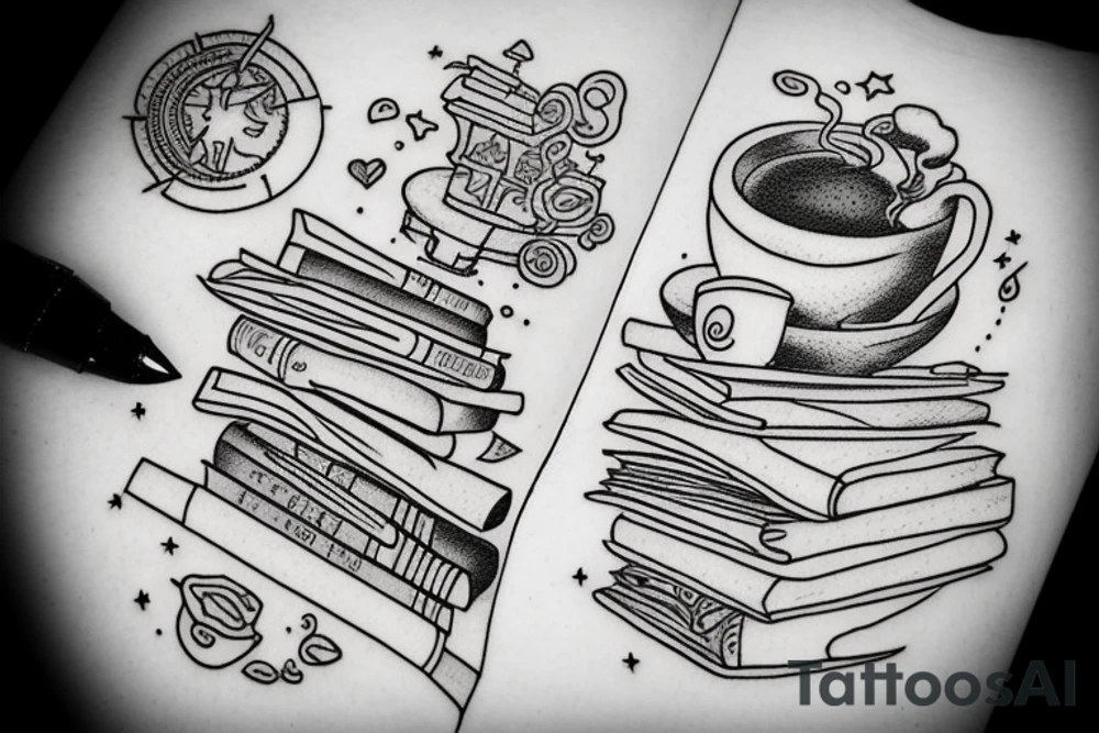 Reading books in space with a cup of coffee tattoo idea