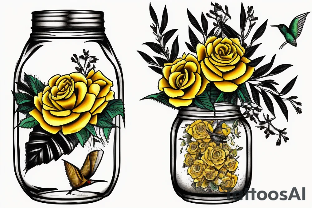 a mason jar with yellow roses around it, a humming bird, fireflies tattoo idea