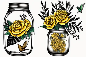 a mason jar with yellow roses around it, a humming bird, fireflies tattoo idea