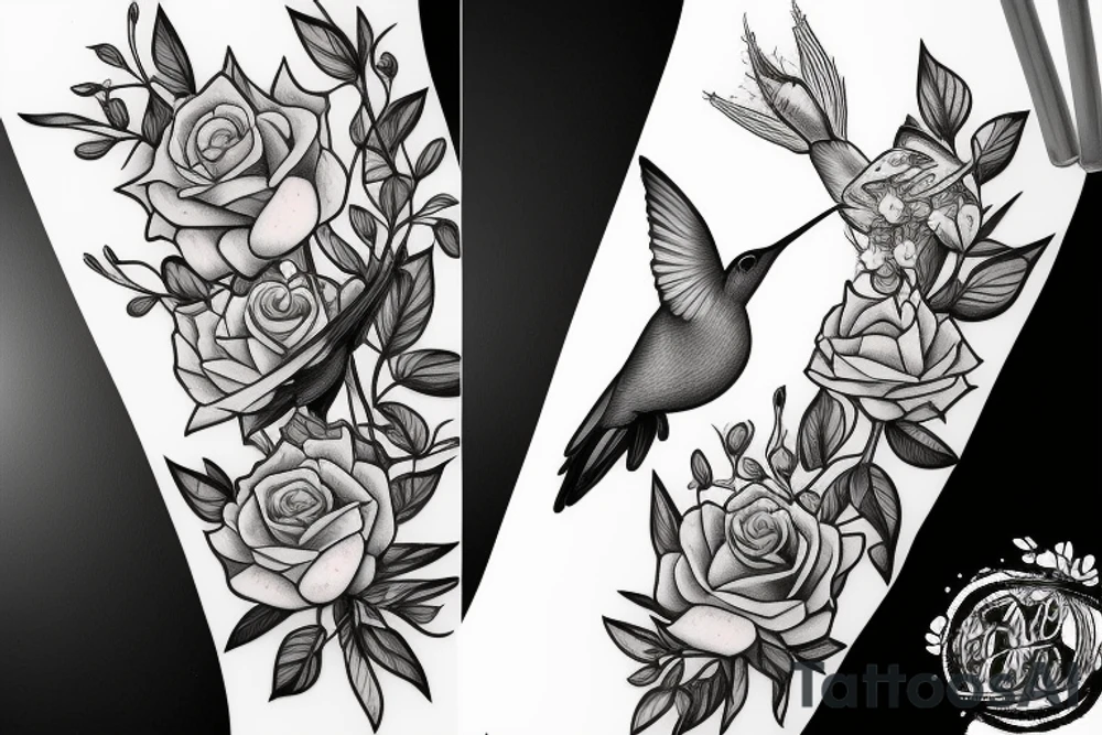 a mason jar with yellow roses around it, a humming bird, fireflies tattoo idea