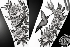 a mason jar with yellow roses around it, a humming bird, fireflies tattoo idea