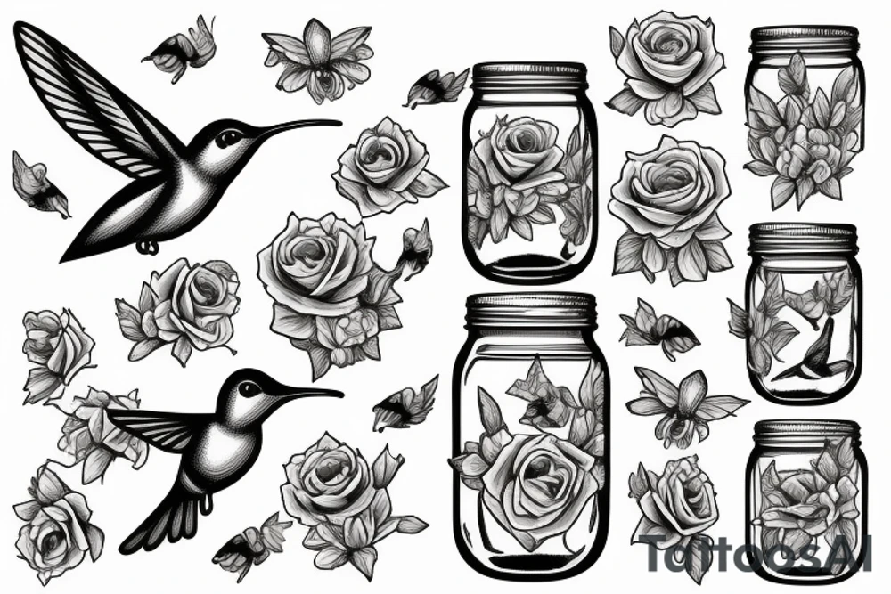 a mason jar with yellow roses around it, a humming bird, fireflies tattoo idea