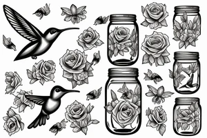 a mason jar with yellow roses around it, a humming bird, fireflies tattoo idea