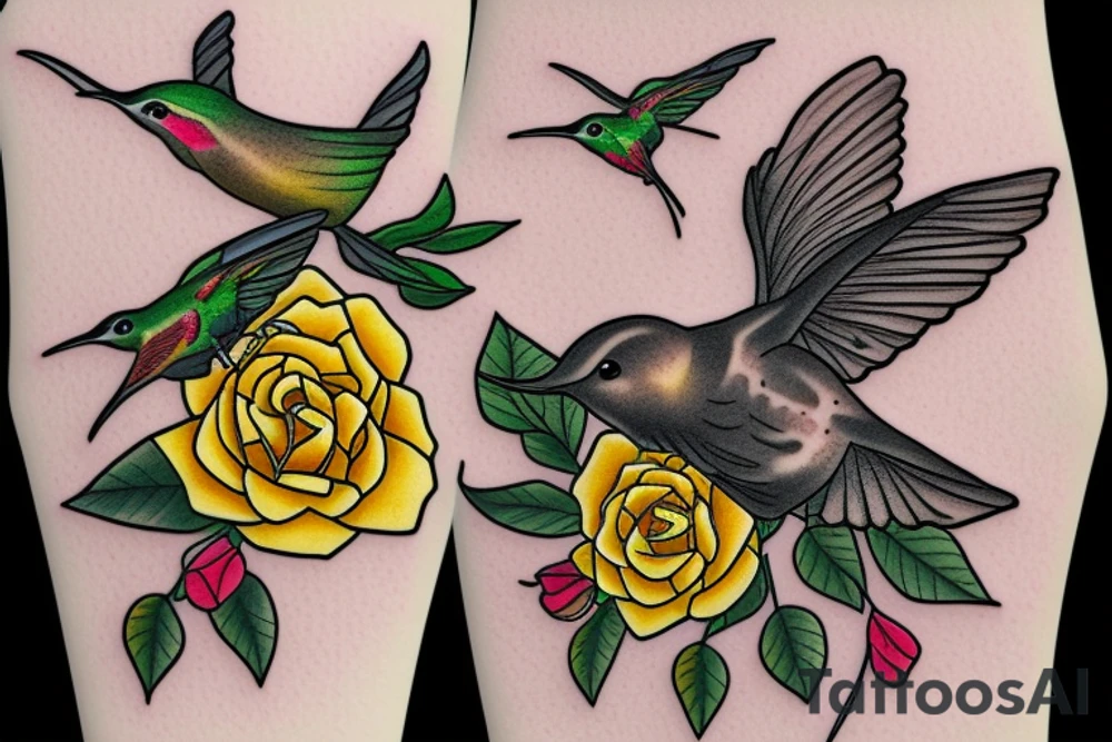 a mason jar with yellow roses around it, a humming bird, fireflies tattoo idea