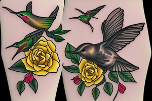 a mason jar with yellow roses around it, a humming bird, fireflies tattoo idea