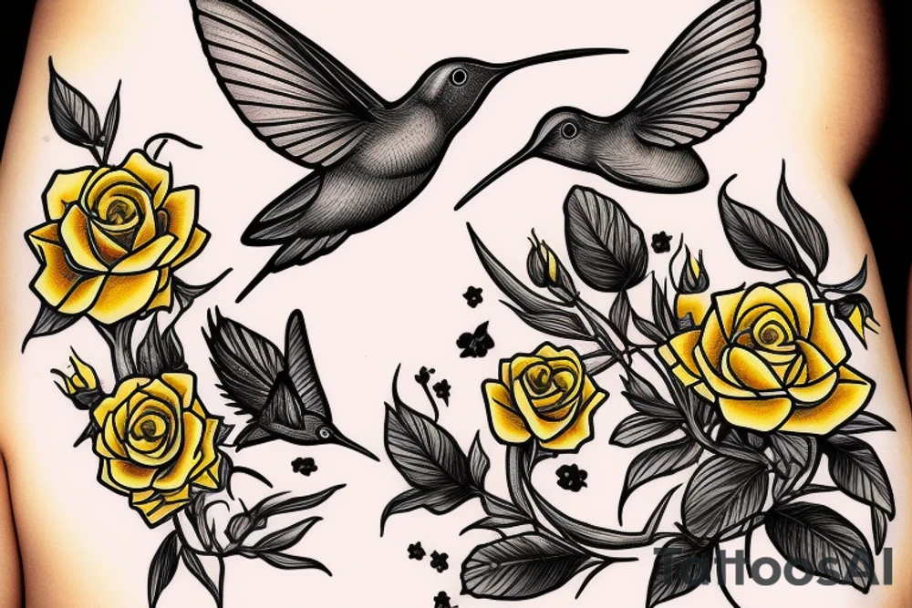 a mason jar with yellow roses around it, a humming bird, with
fireflies tattoo idea