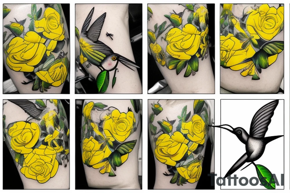 a mason jar with yellow roses around it, a humming bird, with
fireflies tattoo idea