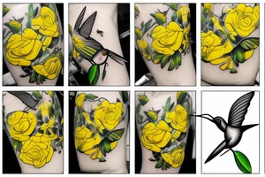 a mason jar with yellow roses around it, a humming bird, with 
fireflies tattoo idea