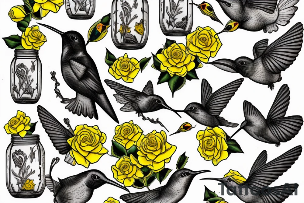 a mason jar with yellow roses around it, a humming bird, with
fireflies tattoo idea