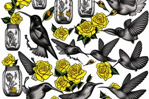 a mason jar with yellow roses around it, a humming bird, with 
fireflies tattoo idea