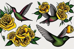 a mason jar with yellow roses around it, a humming bird, with 
fireflies tattoo idea