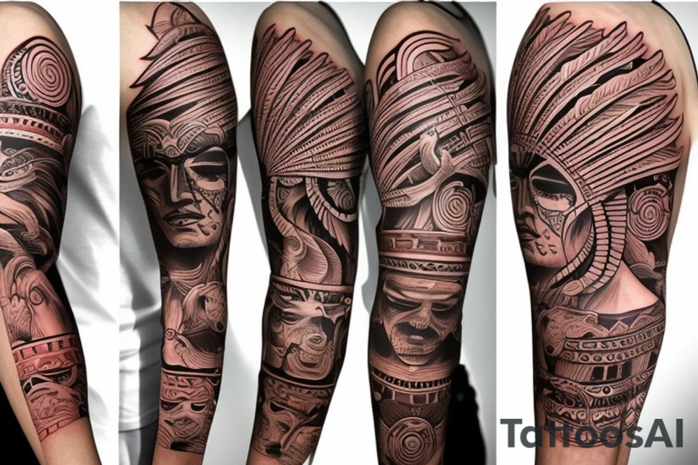 native American themed full arm sleeve tattoo idea