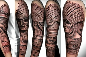 native American themed full arm sleeve tattoo idea