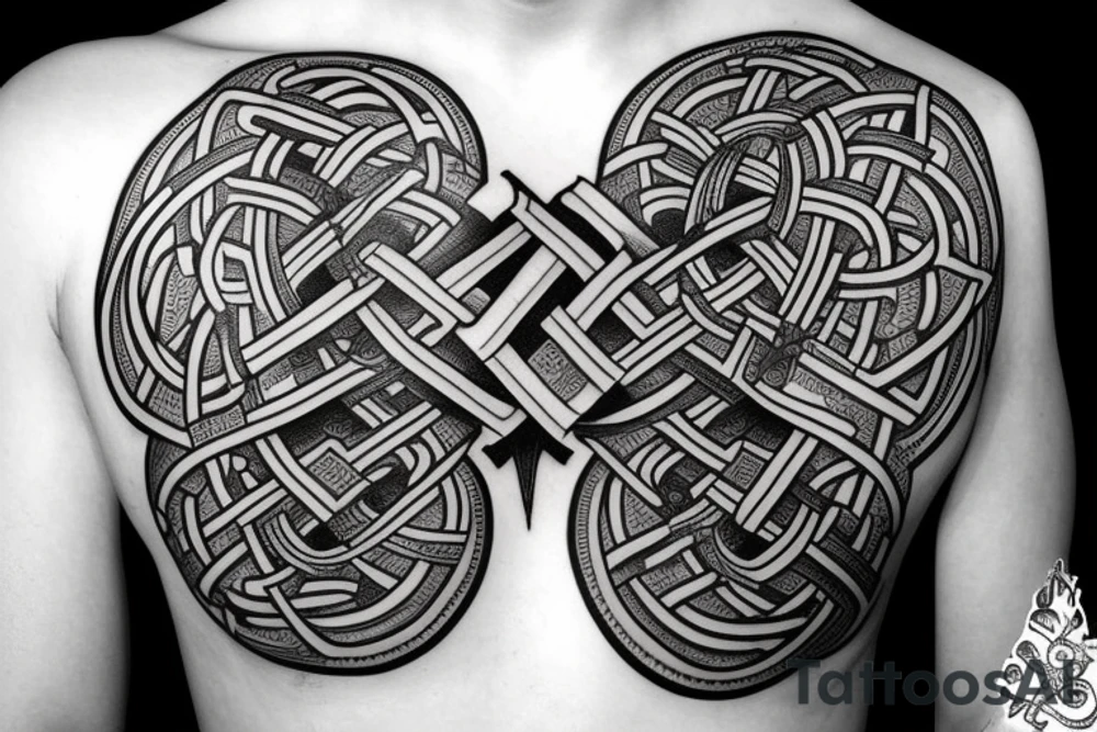 A leviathan cross bound by an endless knot covered in roses tattoo idea