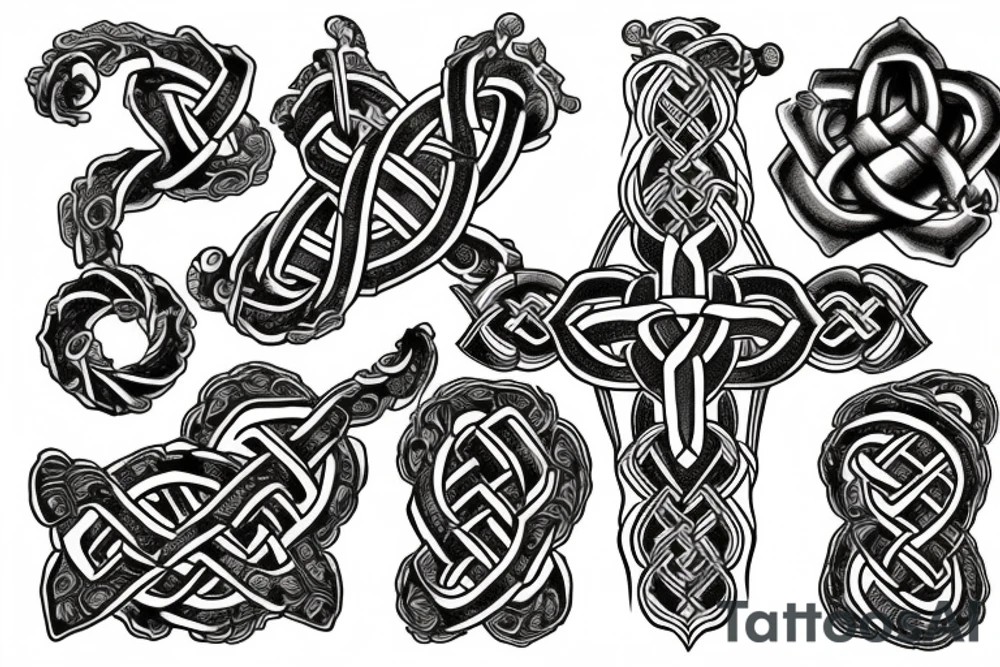 A leviathan cross bound by an endless knot covered in roses tattoo idea
