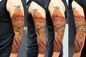 native American themed full arm sleeve with main focus on a wolf and big mountains with secondary elements that includes thunderbird, arrows, running water, snakes, bear tracks, turtles, sun tattoo idea