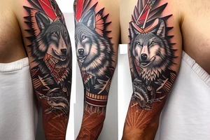 native American themed full arm sleeve with main focus on a wolf and big mountains with secondary elements that includes thunderbird, arrows, running water, snakes, bear tracks, turtles, sun tattoo idea