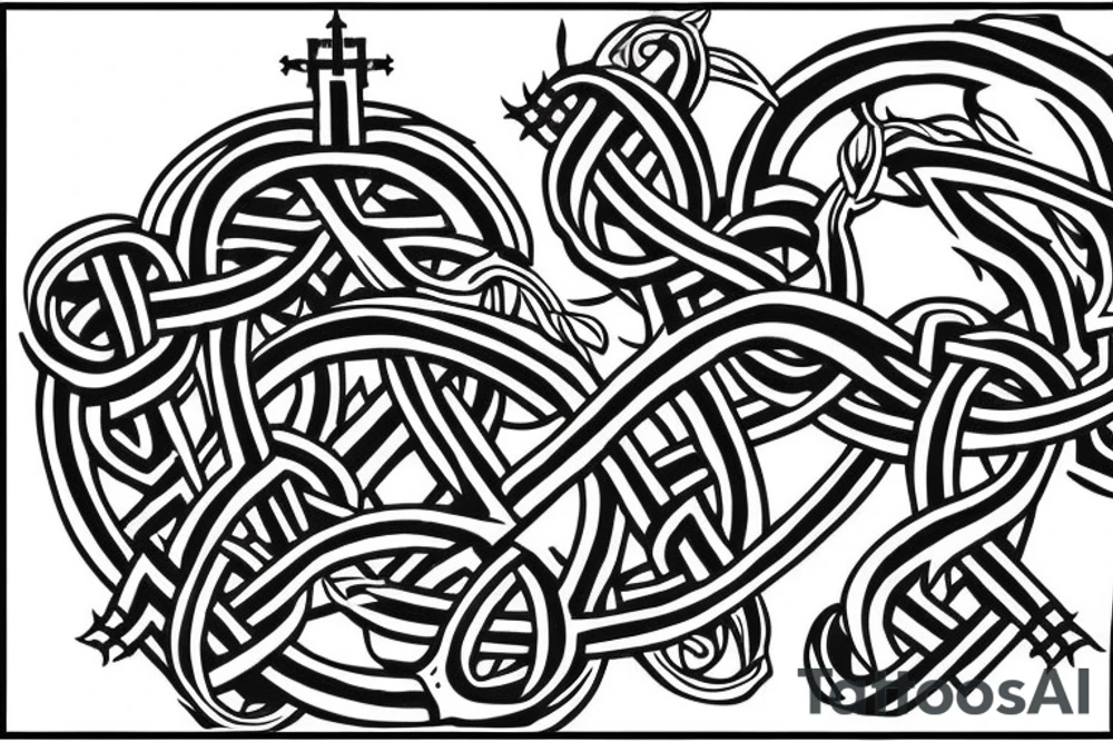 A leviathan cross bound by an endless knot covered in roses tattoo idea