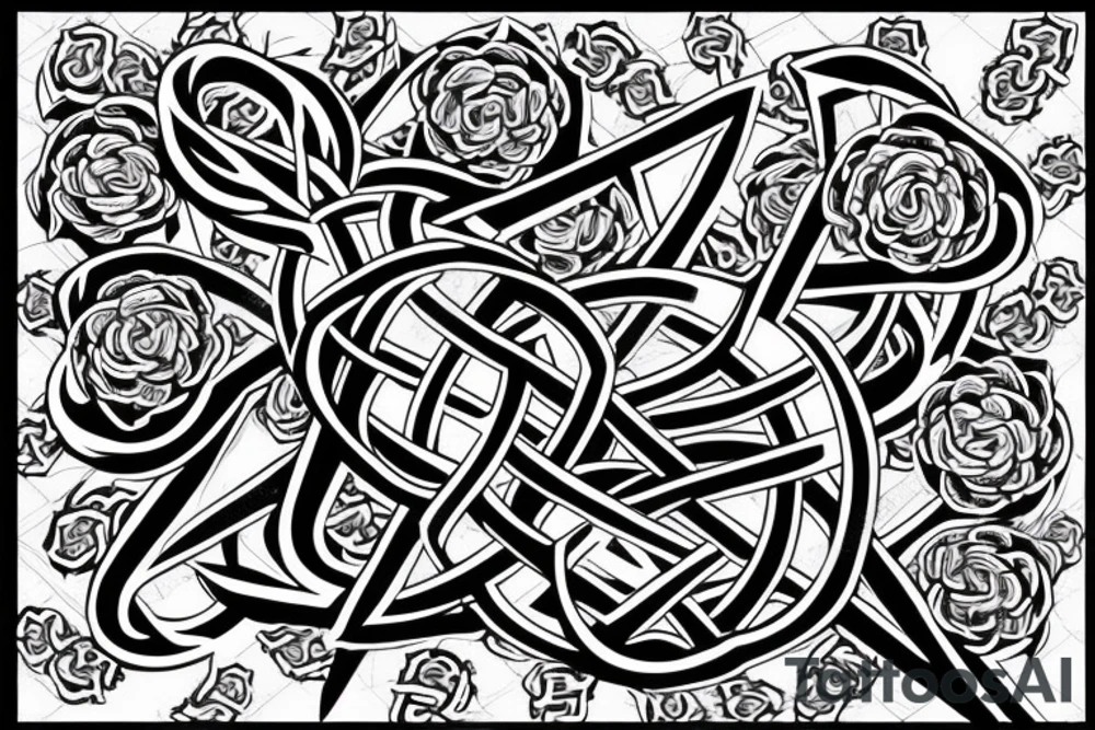 A leviathan cross bound by an endless knot covered in roses tattoo idea