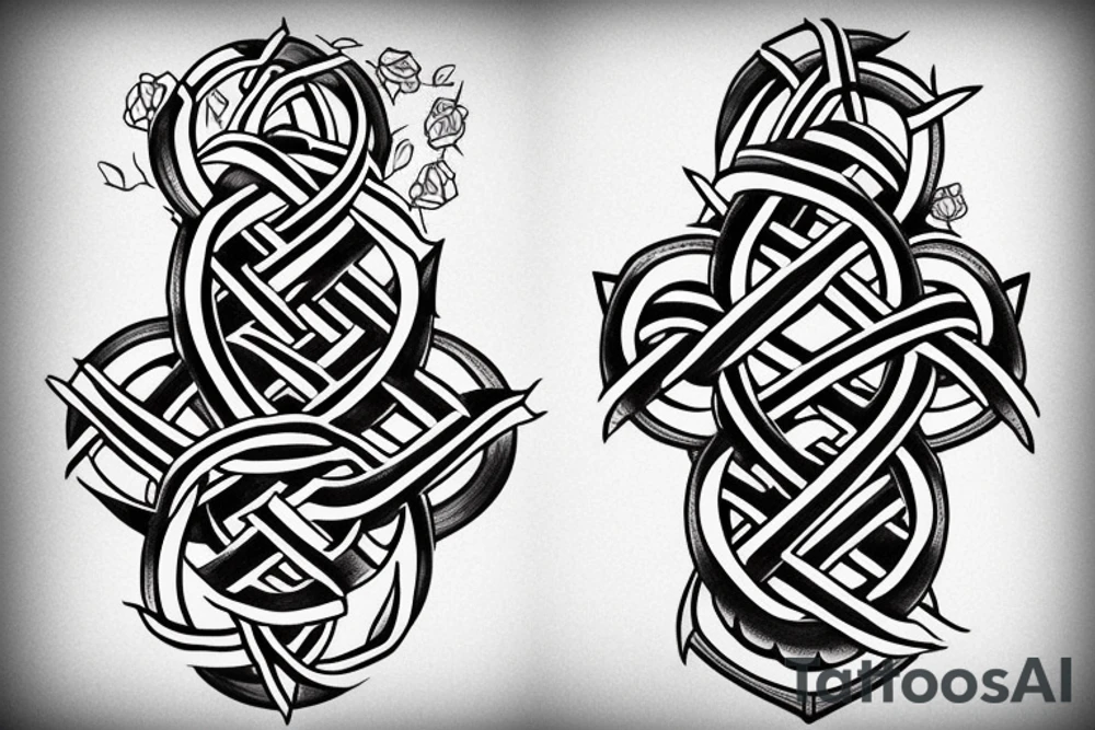 A leviathan cross bound by an endless knot covered in roses tattoo idea