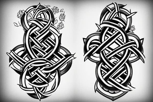 A leviathan cross bound by an endless knot covered in roses tattoo idea