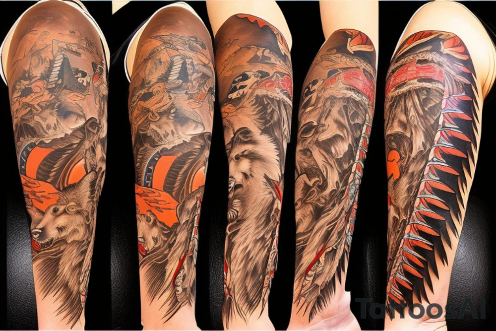 native American themed full arm sleeve that includes wolves, mountains, thunderbird, arrows, running water, snakes, bear tracks, turtles, sun tattoo idea