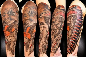 native American themed full arm sleeve that includes wolves, mountains, thunderbird, arrows, running water, snakes, bear tracks, turtles, sun tattoo idea