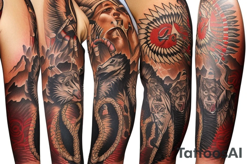 native American themed full arm sleeve that includes wolves, mountains, thunderbird, arrows, running water, snakes, bear tracks, turtles, sun tattoo idea