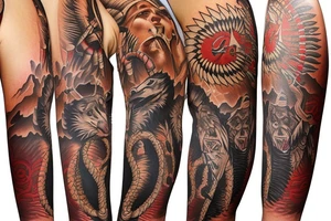 native American themed full arm sleeve that includes wolves, mountains, thunderbird, arrows, running water, snakes, bear tracks, turtles, sun tattoo idea