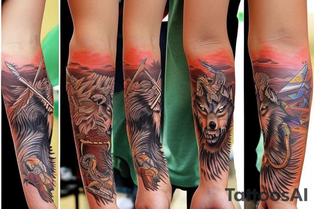 native American themed full arm sleeve that includes wolves, feathers mountains, arrows, running water, snakes, sun tattoo idea
