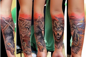 native American themed full arm sleeve that includes wolves, feathers mountains, arrows, running water, snakes, sun tattoo idea