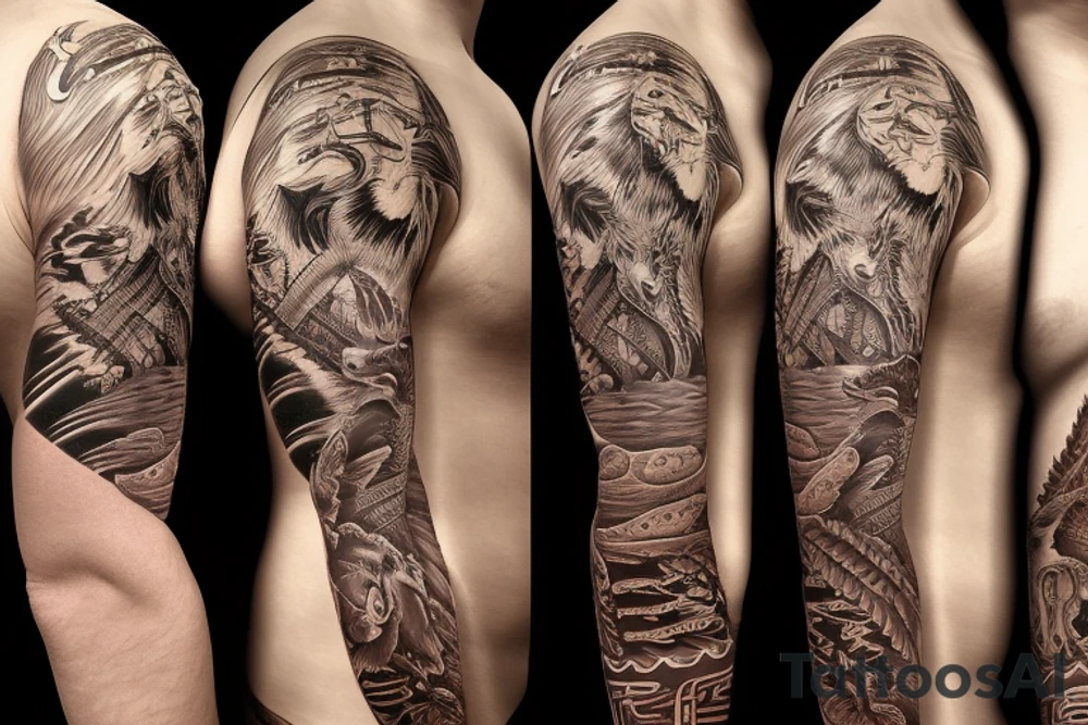native American themed full arm sleeve that includes wolves, feathers mountains, arrows, running water, snakes, sun tattoo idea