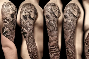native American themed full arm sleeve that includes wolves, feathers mountains, arrows, running water, snakes, sun tattoo idea