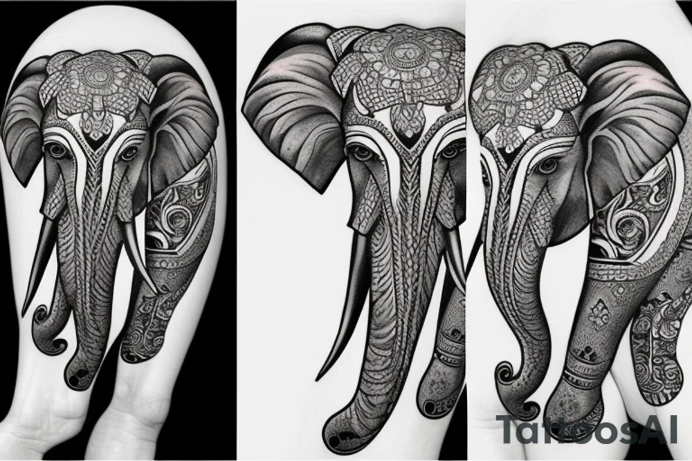 Indian elephant head half flowers tattoo idea