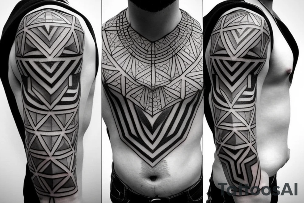 Geometric tattoo with layers and some geometric pattern fading into blackout for a full chest tattoo tattoo idea
