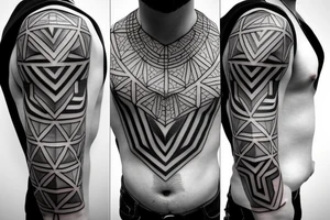 Geometric tattoo with layers and some geometric pattern fading into blackout for a full chest tattoo tattoo idea