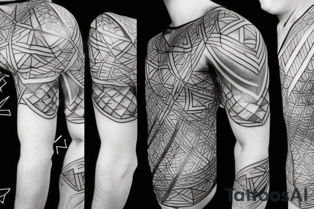 Geometric tattoo with layers and some geometric pattern fading into blackout for a full chest tattoo tattoo idea