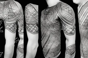 Geometric tattoo with layers and some geometric pattern fading into blackout for a full chest tattoo tattoo idea