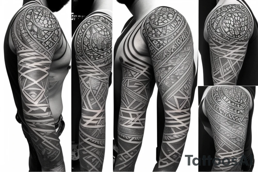 Geometric tattoo with layers and some geometric pattern fading into blackout for a full chest tattoo tattoo idea