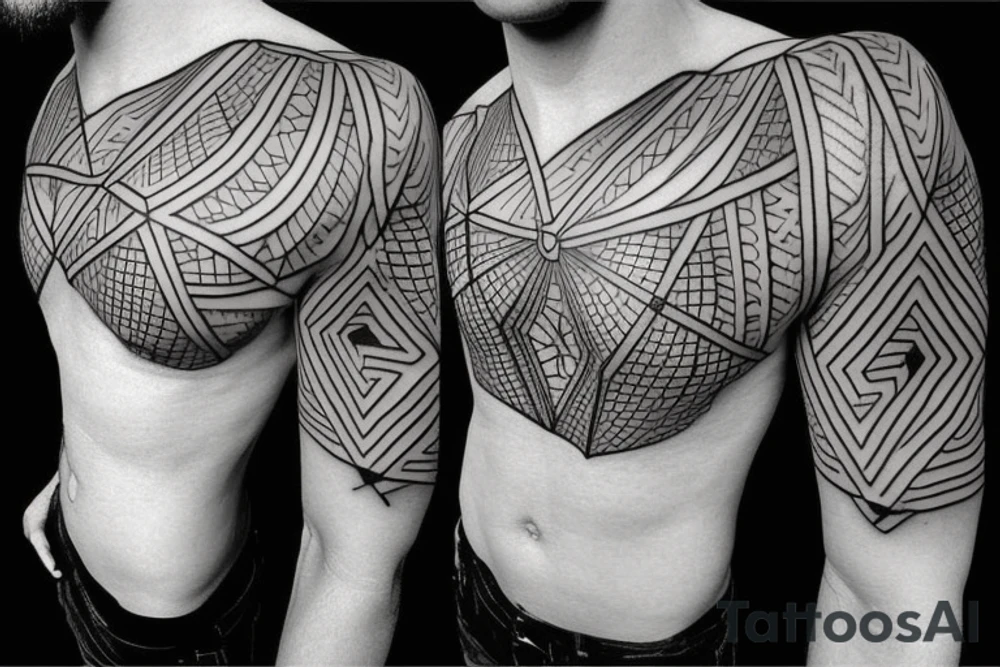 Geometric tattoo with layers and some geometric pattern fading into blackout for a full chest tattoo tattoo idea