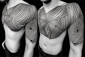 Geometric tattoo with layers and some geometric pattern fading into blackout for a full chest tattoo tattoo idea