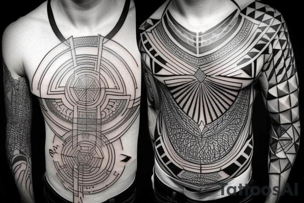 Geometric tattoo with layers and some geometric pattern fading into blackout for a full chest tattoo tattoo idea