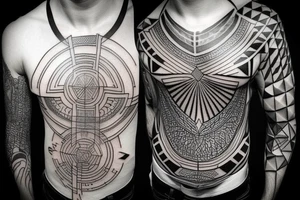Geometric tattoo with layers and some geometric pattern fading into blackout for a full chest tattoo tattoo idea